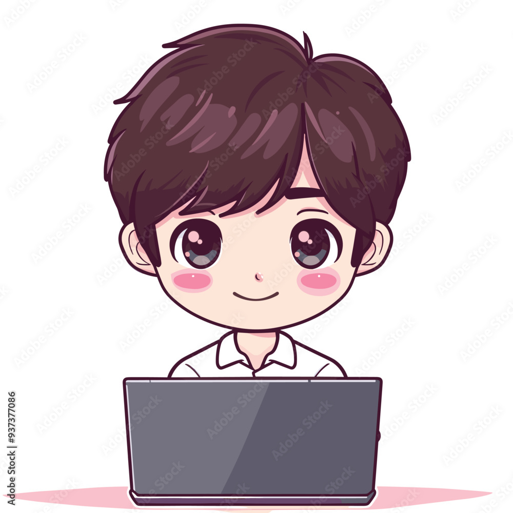 Cartoon illustration of a young man with brown hair working on a laptop with a cheerful expression. Cartoon illustration of a young man with brown hair working on a laptop with a cheerful expression.