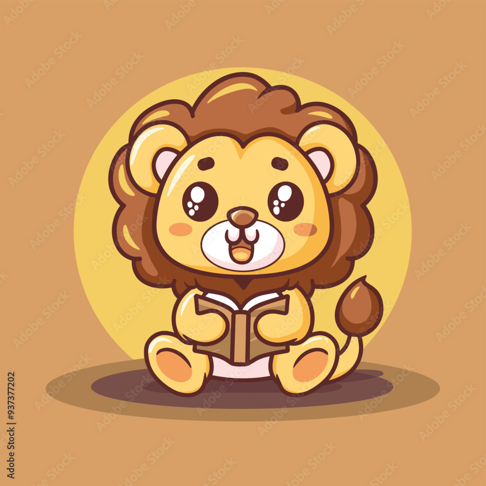 Cute cartoon lion reading a book on a warm and cozy background. Cute cartoon lion reading a book on a warm and cozy background.