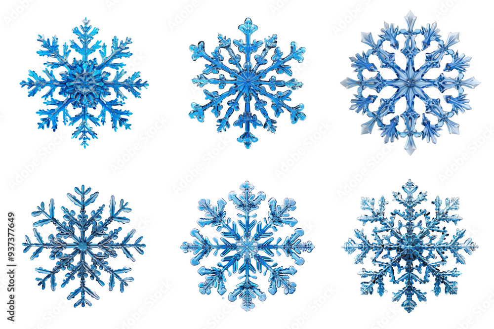 Six Blue Crystal Snowflakes with Colorful Abstract Backgrounds Six Blue Crystal Snowflakes with Colorful Abstract Backgrounds