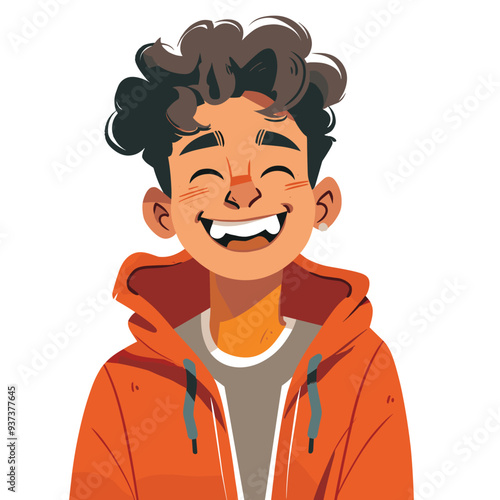 A cheerful young boy with curly hair, wearing a bright orange hoodie, smiling joyfully.