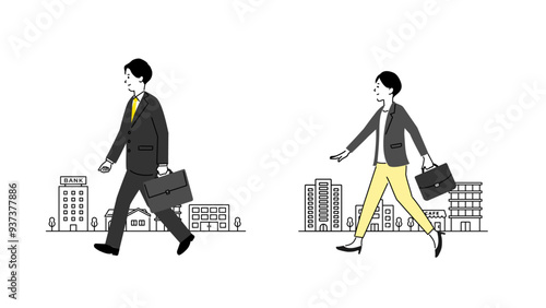 街を歩く若い男女のビジネスパーソンのイラスト、ベクター