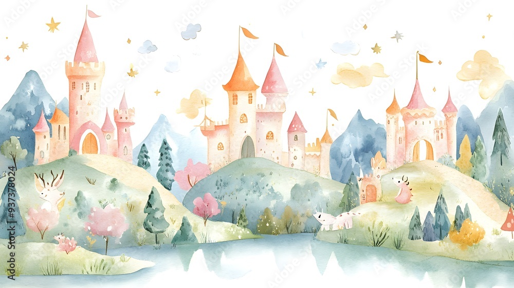 Fototapeta premium A pastel watercolor scene with castles and friendly dragons, creating a whimsical world perfect for a child's room, full of imagination and wonder