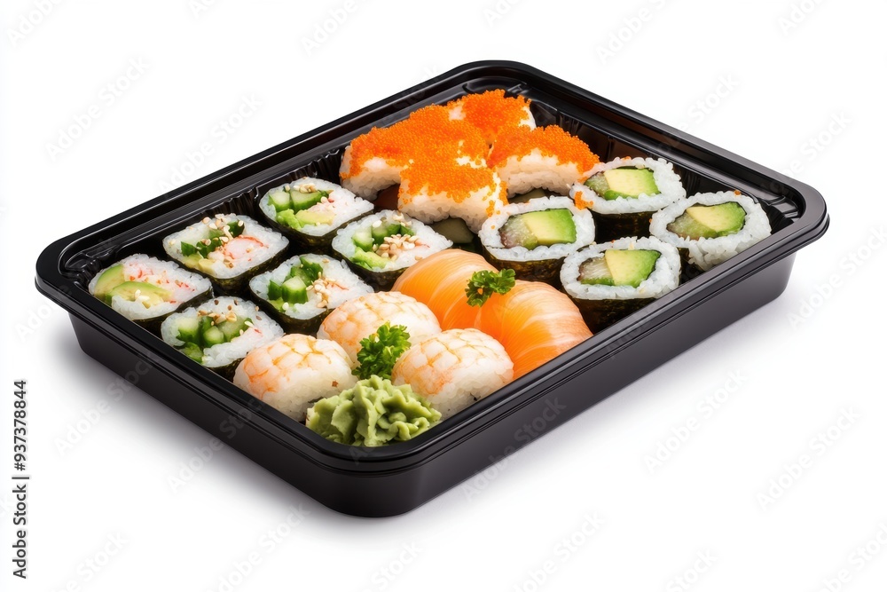 bento box featuring sushi rolls, pickled ginger, and avocado bento box featuring sushi rolls, pickled ginger, and avocado