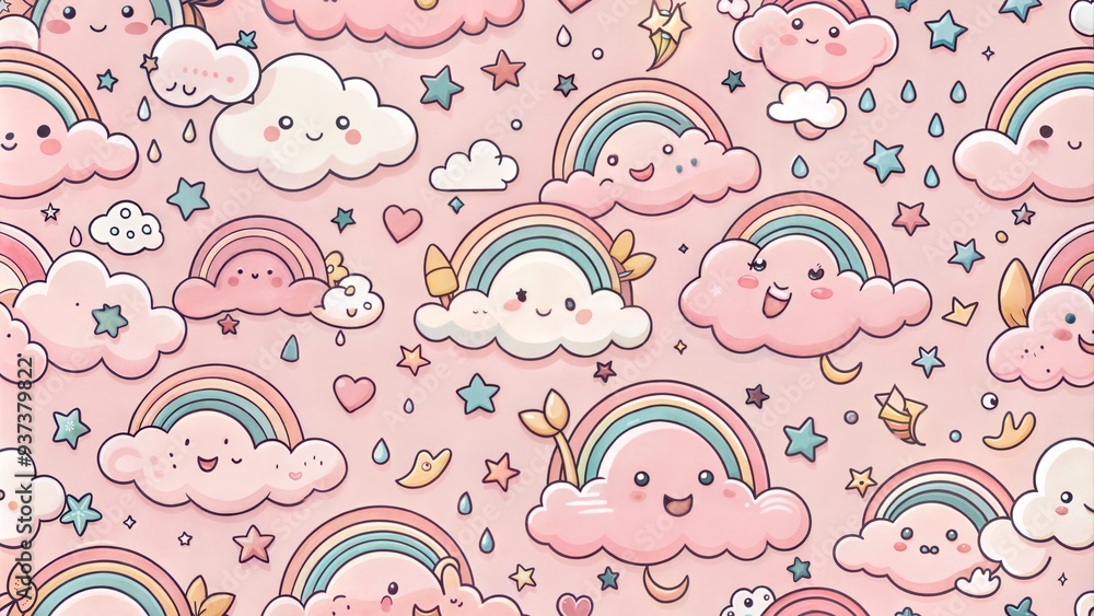Cute cartoon pattern with happy clouds and rainbows on a pastel pink background Cute cartoon pattern with happy clouds and rainbows on a pastel pink background