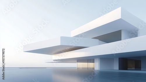 A minimalist image of a white  multi-level building with large overhangs  captured in soft morning light  the gentle shadows add depth to the composition  more clarity with clear light and sharp