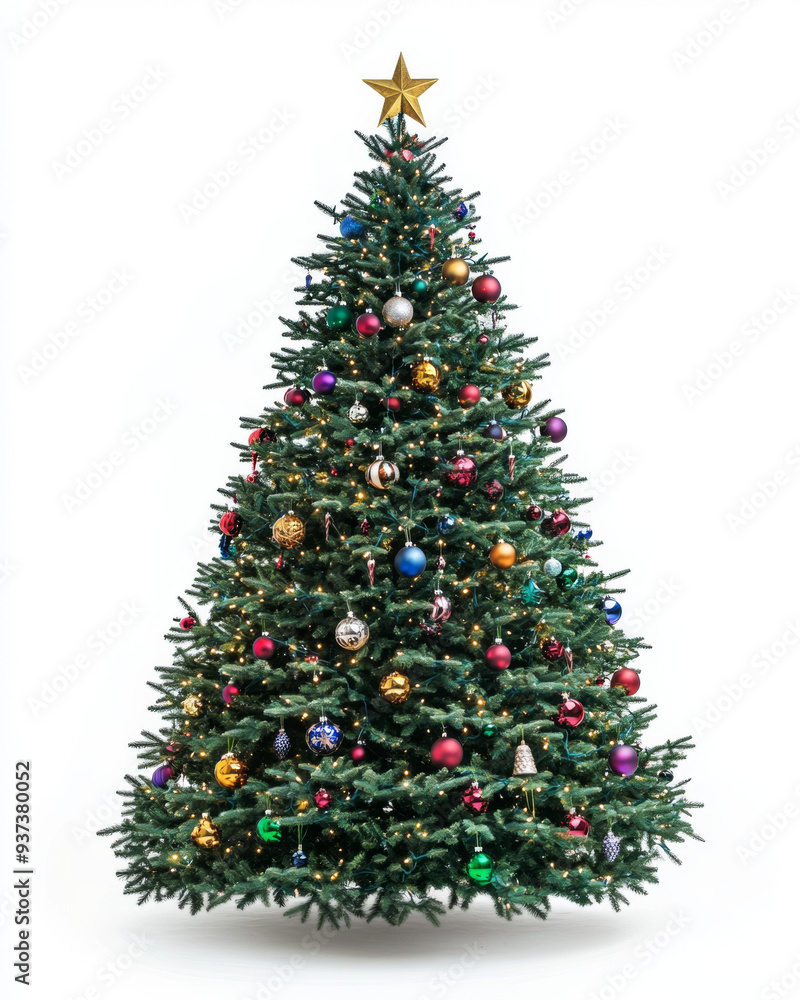A large, multi-colored Christmas tree with many ornaments and a star on top. The tree is the focal point of the image and is surrounded by a white background A large, multi-colored Christmas tree with many ornaments and a star on top. The tree is the focal point of the image and is surrounded by a white background