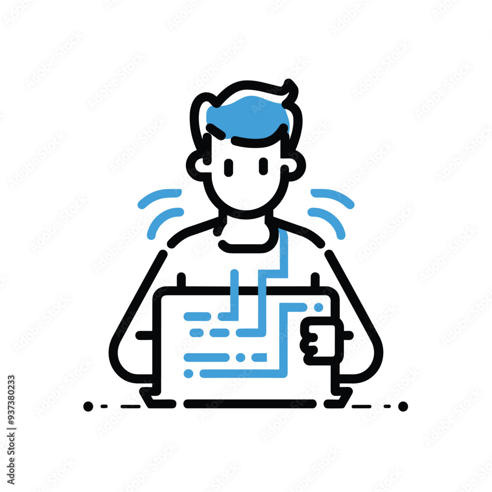 Illustration of a young man coding on a laptop with a blue and white color scheme. Illustration of a young man coding on a laptop with a blue and white color scheme.