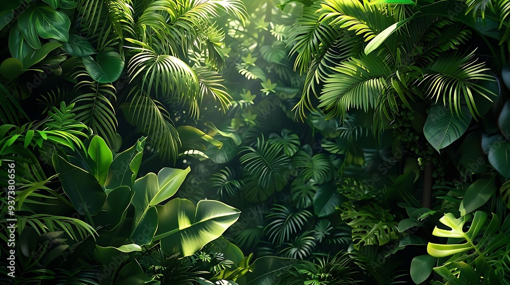 Fototapeta premium A lush, vibrant jungle scene filled with various green plants and foliage, illuminated by soft light.
