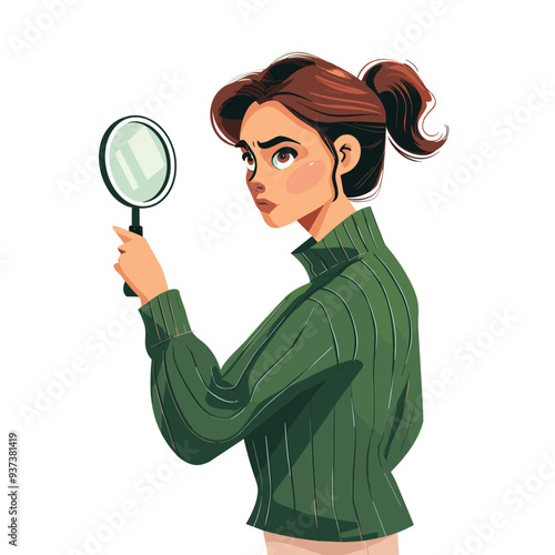 A young woman with dark hair examines something closely with a magnifying glass.