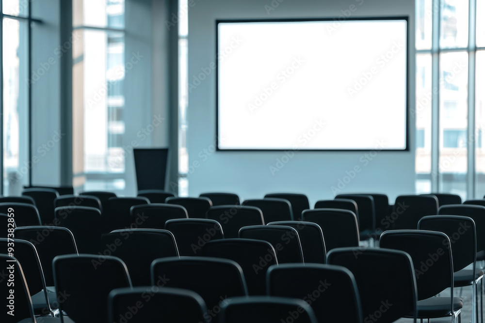 A large empty auditorium with rows of black chairs and a large white screen. The room is large and empty, giving it a sense of emptiness and anticipation A large empty auditorium with rows of black chairs and a large white screen. The room is large and empty, giving it a sense of emptiness and anticipation