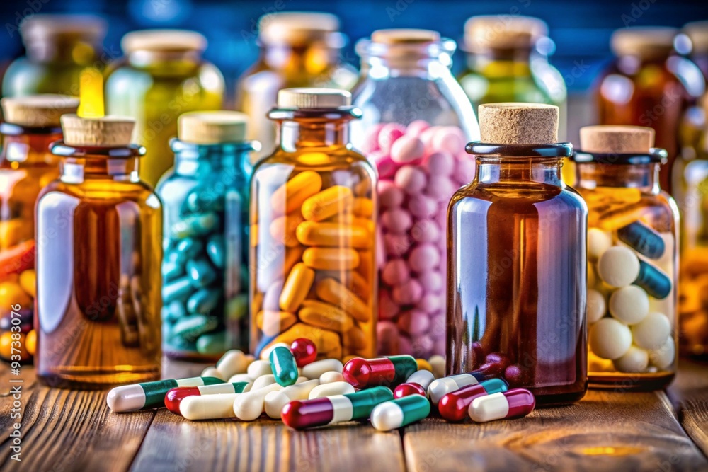 A collection of various colored pills and bottles, including some green A collection of various colored pills and bottles, including some green