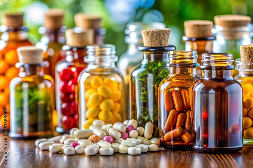 A collection of various colored pills and bottles, including some green A collection of various colored pills and bottles, including some green