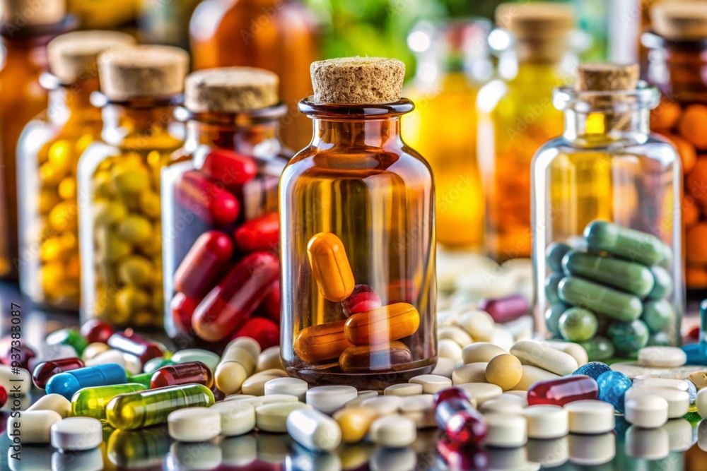 A collection of various colored pills and bottles, including some green A collection of various colored pills and bottles, including some green