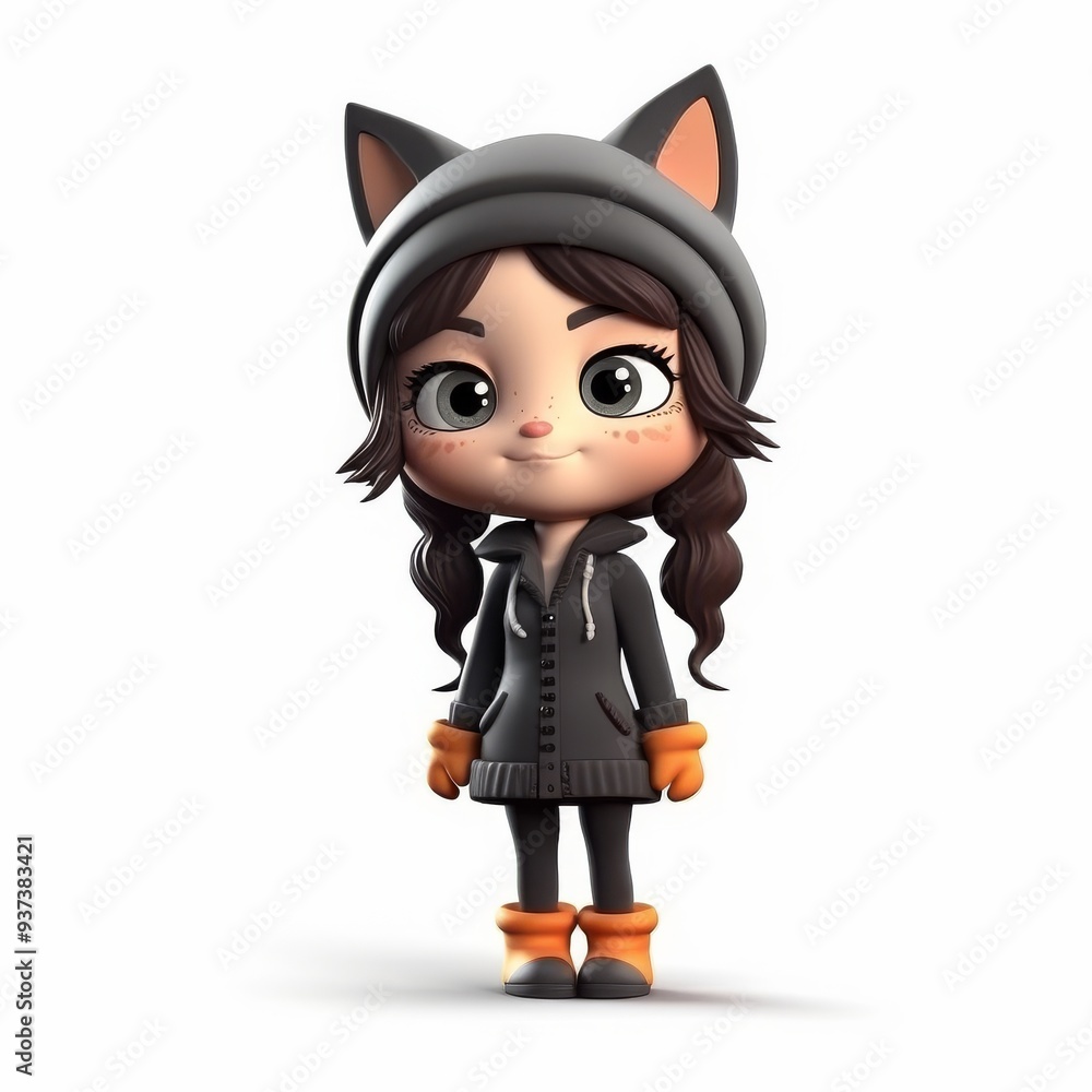 Cute Cartoon Girl in Cat Costume Illustration - Adorable Child Character Design Cute Cartoon Girl in Cat Costume Illustration - Adorable Child Character Design