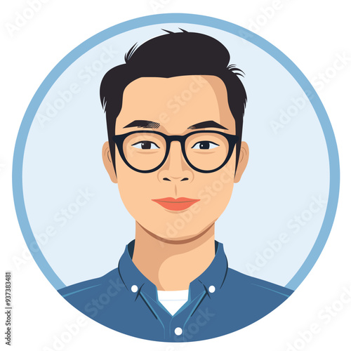 Illustration of a young Asian man with glasses and short black hair, wearing a blue shirt, inside a circular frame.