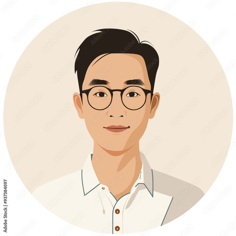 Illustration of an Asian man wearing glasses and a white shirt, set against a light beige background. Illustration of an Asian man wearing glasses and a white shirt, set against a light beige background.