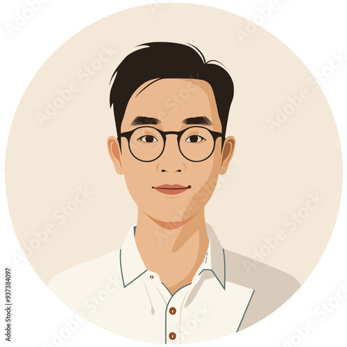 Illustration of an Asian man wearing glasses and a white shirt, set against a light beige background.