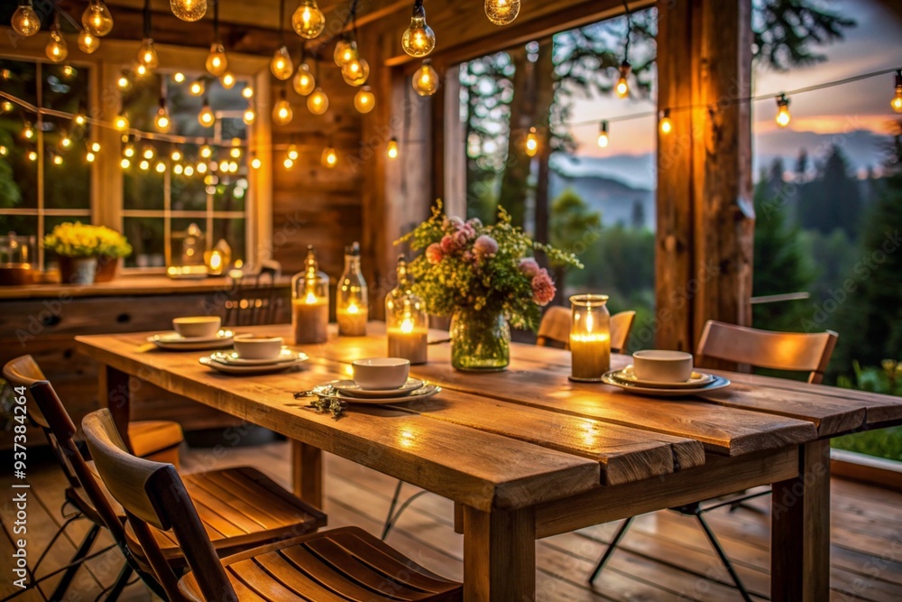 A wooden dining table with a lit candle on it A wooden dining table with a lit candle on it