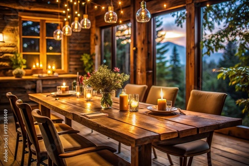 A wooden dining table with a lit candle on it