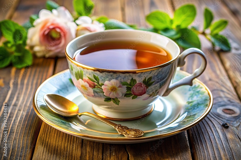 A white tea cup with a green mint leaf on top of it A white tea cup with a green mint leaf on top of it