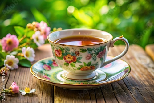 A white tea cup with a green mint leaf on top of it