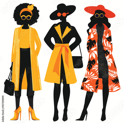 Three stylish women in fashionable outfits featuring vibrant colors and bold silhouettes.