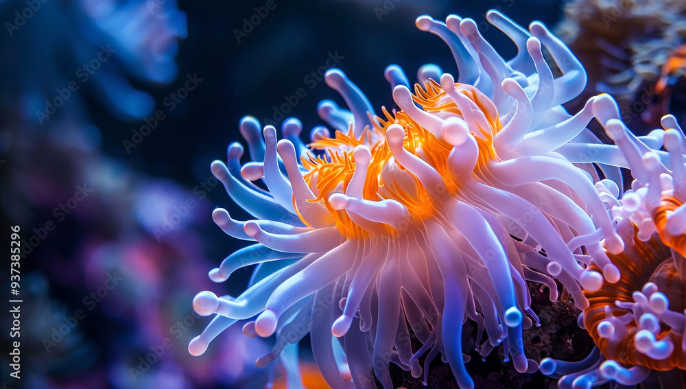Vibrant close-up of sea anemone showcasing delicate, tentacle-like structures in vivid colors Vibrant close-up of sea anemone showcasing delicate, tentacle-like structures in vivid colors