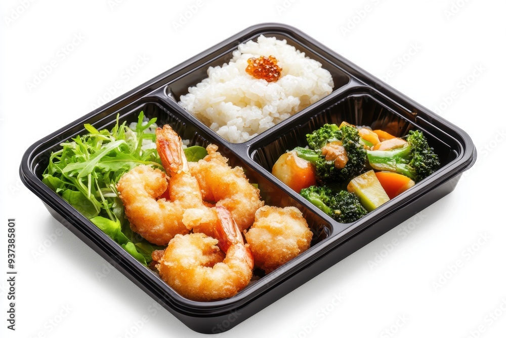 bento box featuring crispy shrimp tempura, rice, and vegetable stir fry bento box featuring crispy shrimp tempura, rice, and vegetable stir fry