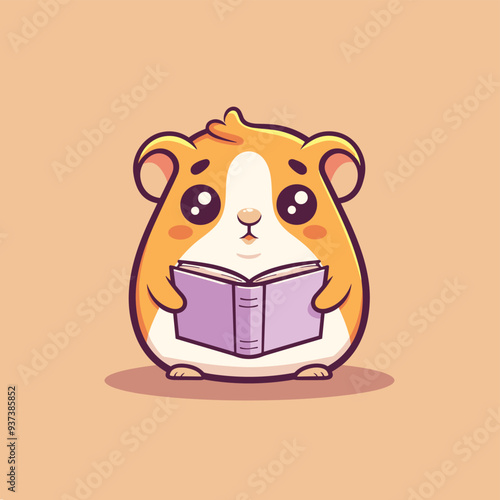 Cute cartoon-style hamster holding an open book, set against a simple light brown background.