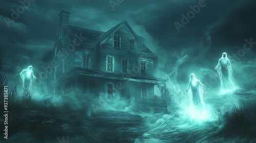 spooky Halloween background with shadowy spirits hovering around an old abandoned house, leaving an open area on the right side for text