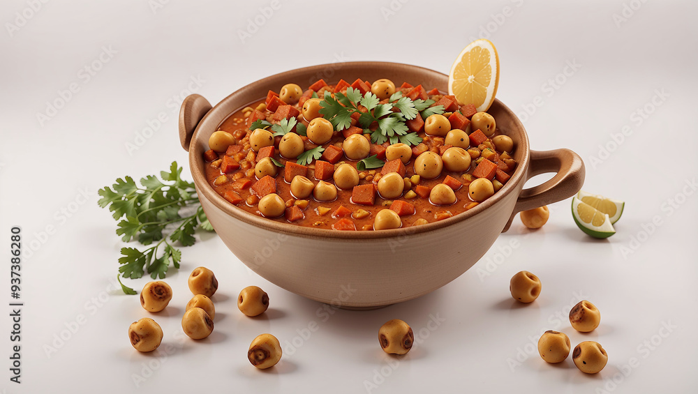 A dark bowl of chickpeas and spicy, reddish-brown sauce, with pieces of meat. A dark bowl of chickpeas and spicy, reddish-brown sauce, with pieces of meat.