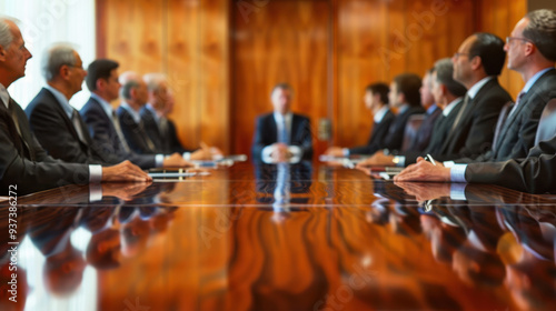 A corporate board of directors seated around the large glossy wooden table in a formal meeting room out of focus blurred shot. photo