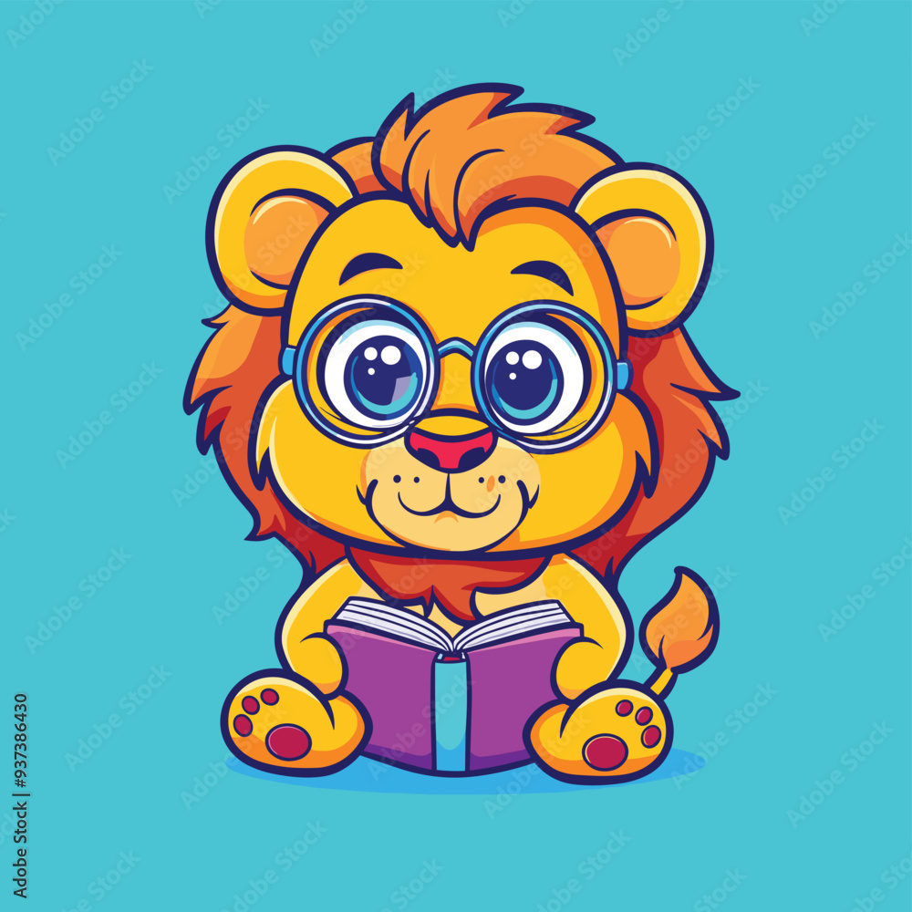 Cartoon lion cub with glasses happily reading a book, set against a bright blue background. Cartoon lion cub with glasses happily reading a book, set against a bright blue background.