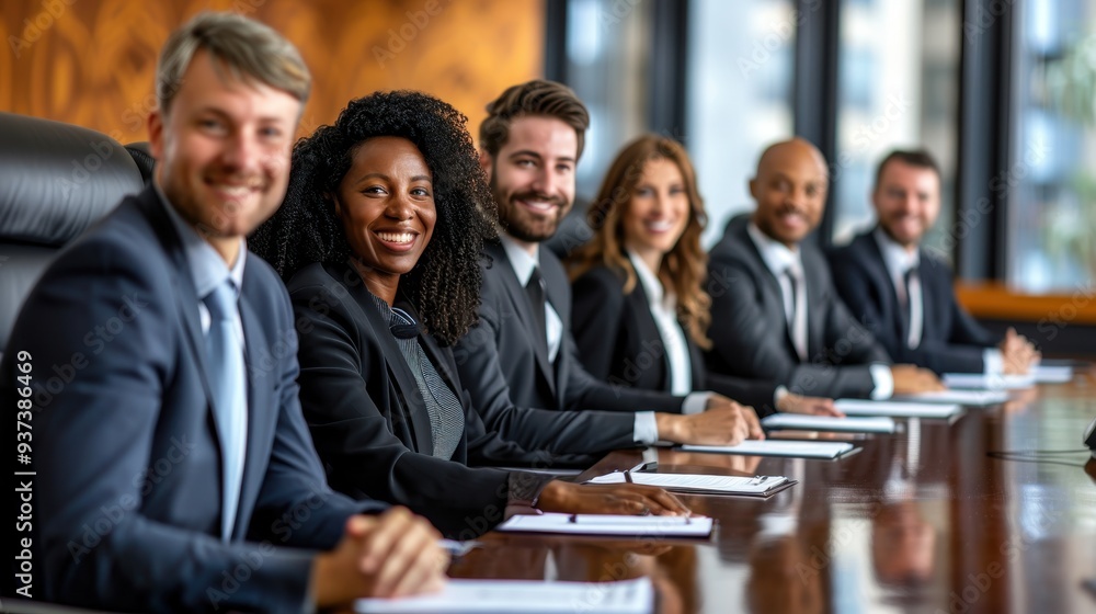 A diverse group of business professionals in formal attire smiles during a corporate board meeting A diverse group of business professionals in formal attire smiles during a corporate board meeting