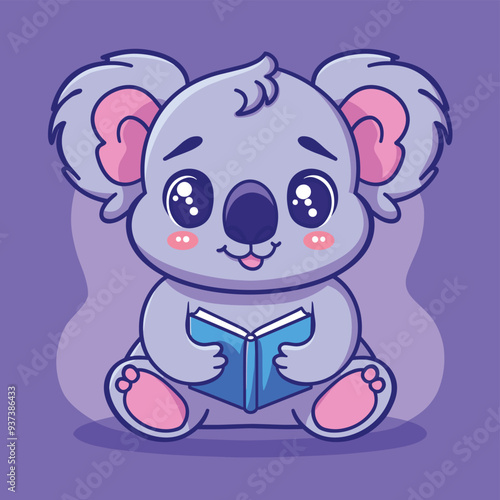 Cute cartoon koala reading a book with a happy expression on a purple background.