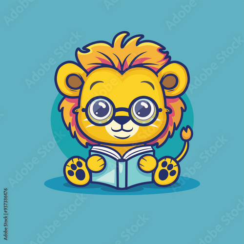 Cute cartoon lion with glasses reading a book on a blue background.