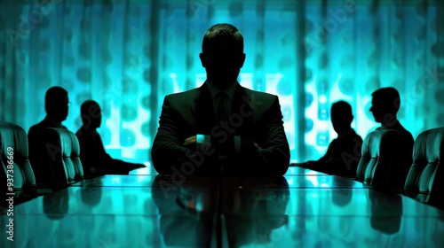 Mysterious executive in dark boardroom, seated at the head of a boardroom table. Authority and secrecy concept.