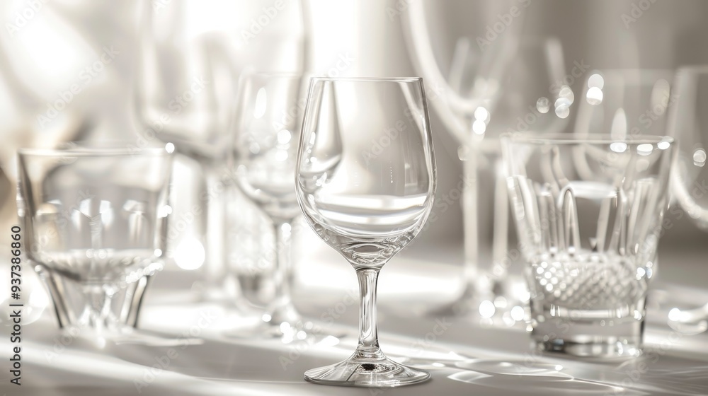Elegant glassware display with subtle reflections and shadows on a pristine white background Elegant glassware display with subtle reflections and shadows on a pristine white background