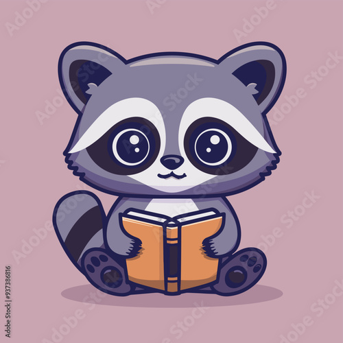 Adorable cartoon raccoon sitting and reading a book on a light purple background.