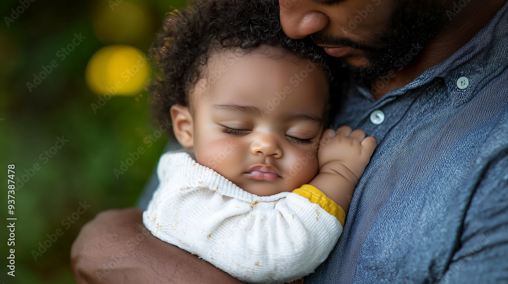 A father holds his peacefully sleeping baby close, showcasing a tender moment of love and care A father holds his peacefully sleeping baby close, showcasing a tender moment of love and care
