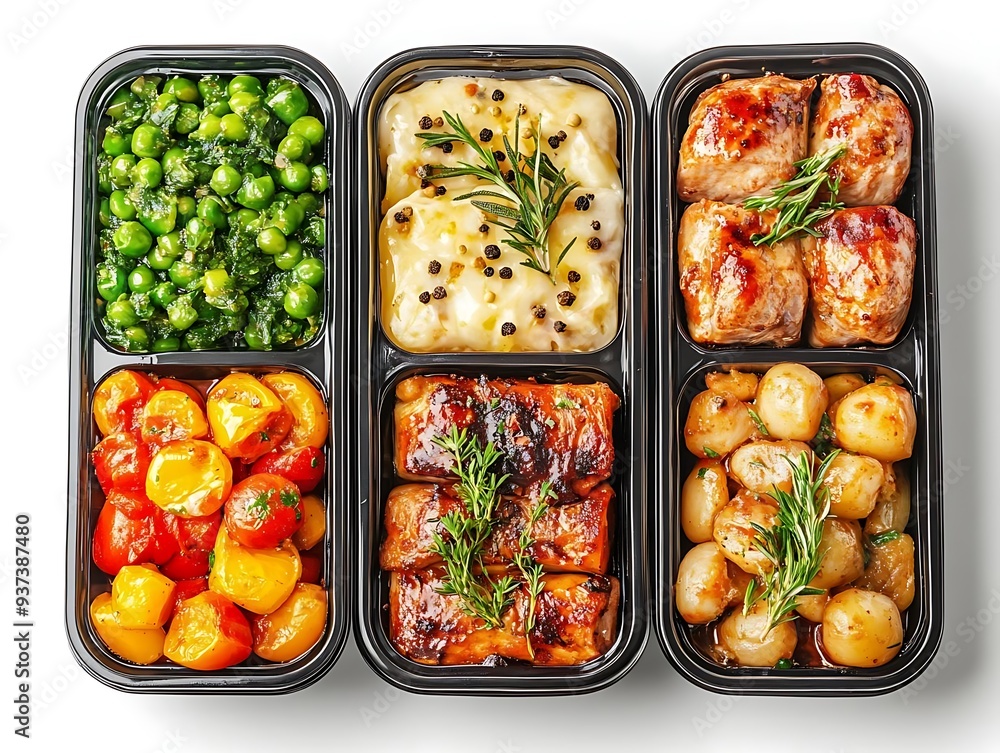 Delicious Meal Prep with Grilled Chicken, Mashed Potatoes, Roasted Vegetables, and Green Peas - Food Photography Delicious Meal Prep with Grilled Chicken, Mashed Potatoes, Roasted Vegetables, and Green Peas - Food Photography