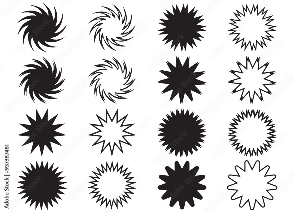 Set of vector starburst, sunburst badges. Black flat price tags explosion silhouettes, starburst retro sale badge. Vector illustration star blank label, stickers Set of vector starburst, sunburst badges. Black flat price tags explosion silhouettes, starburst retro sale badge. Vector illustration star blank label, stickers