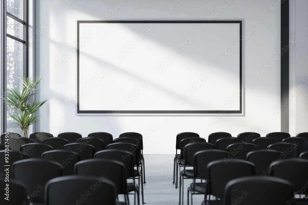A large white board sits in the middle of a room with rows of black chairs. The room is empty, and the only object in the room is a potted plant A large white board sits in the middle of a room with rows of black chairs. The room is empty, and the only object in the room is a potted plant