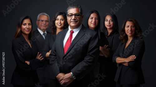 Confident business team standing together in formal attire against a dark background. mature, distinguished man wearing a dark suit, white shirt, and a striking red tie stands in front