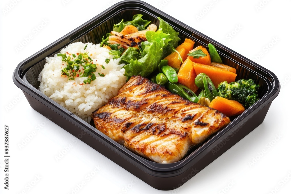 bento box featuring grilled fish, rice, and stir-fried vegetables bento box featuring grilled fish, rice, and stir-fried vegetables
