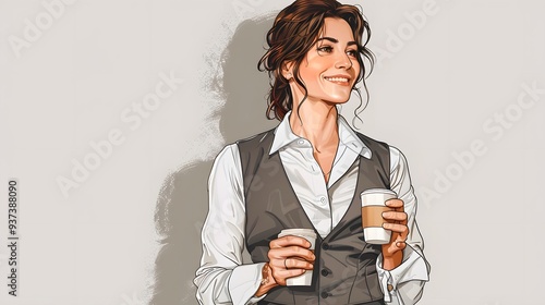 Woman in Men's Vest: A woman dressed in a men's vest over a crisp white shirt, holding a coffee cup and smiling.
