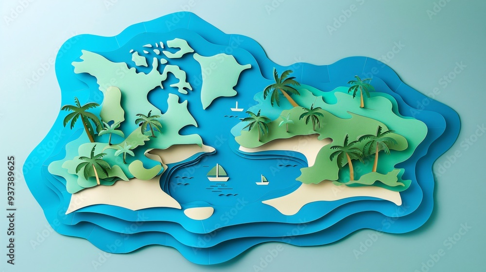 Tropical Paradise Island Paper Cutout with Palm Trees and Sandy Beaches Tropical Paradise Island Paper Cutout with Palm Trees and Sandy Beaches