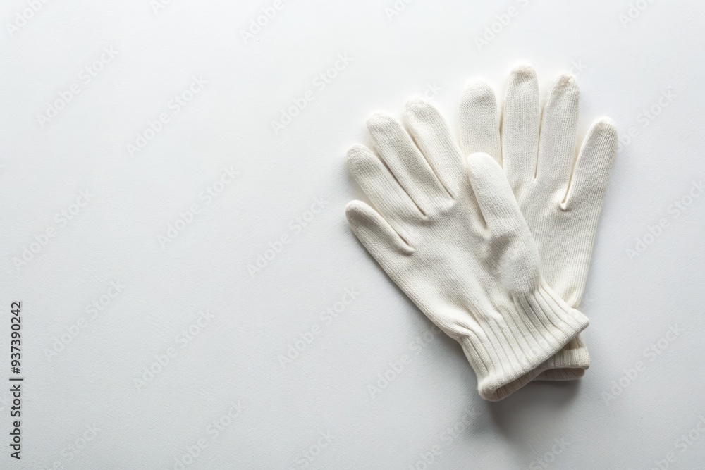Minimalist still life of gloves placed on clean, white surface, emphasizing simplicity, elegance, and subtle, monochromatic color palette. Minimalist still life of gloves placed on clean, white surface, emphasizing simplicity, elegance, and subtle, monochromatic color palette.