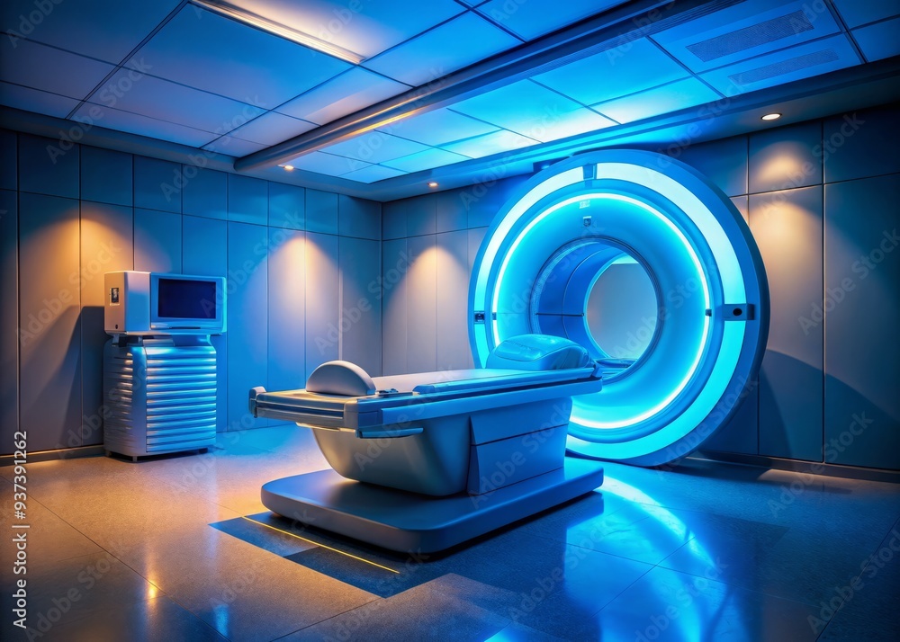 Vibrant MRI machine spotlighted in darkened room with eerie blue glow radiating confidence and cutting-edge technology amidst intense medical scrutiny. Vibrant MRI machine spotlighted in darkened room with eerie blue glow radiating confidence and cutting-edge technology amidst intense medical scrutiny.