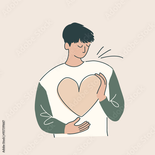 Minimalist illustration of young man embracing heart shape, symbolizing self-love and emotional well-being on neutral background